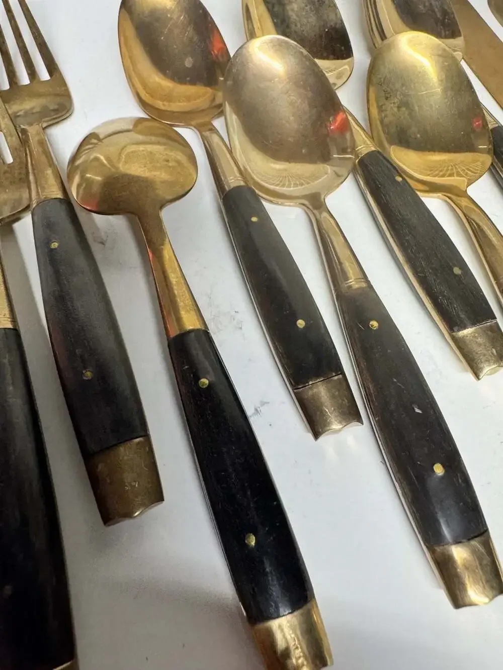 Vintage Mid-Century Brass and Black Buffalo Horn Handle Flatware Set